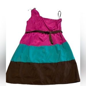 Magenta, teal, and brown dress. Belted. One shoulder dress. Size large. NWT